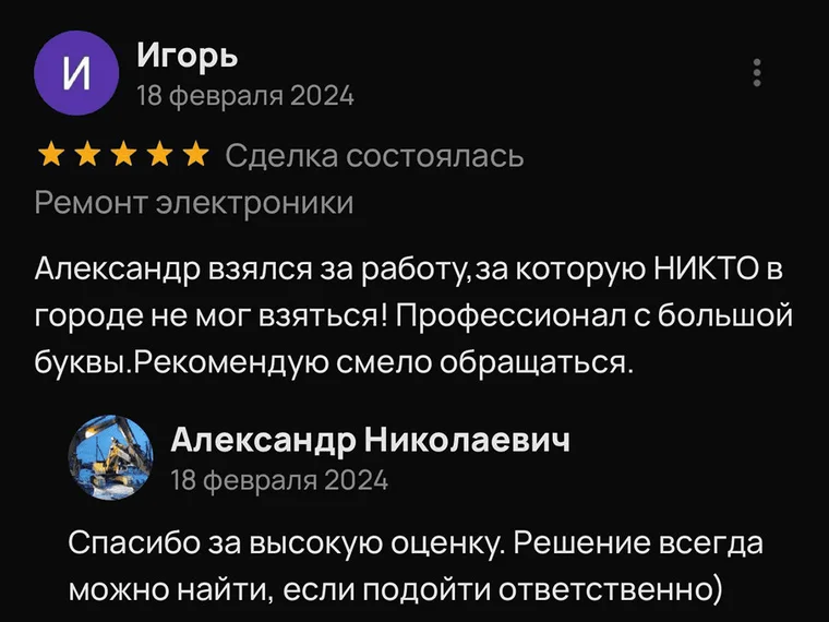 Скриншот отзыва на Авито от Игоря, 18 февраля 2024, ремонт электроники: «Александр взялся за работу, за которую никто в городе не мог взяться»